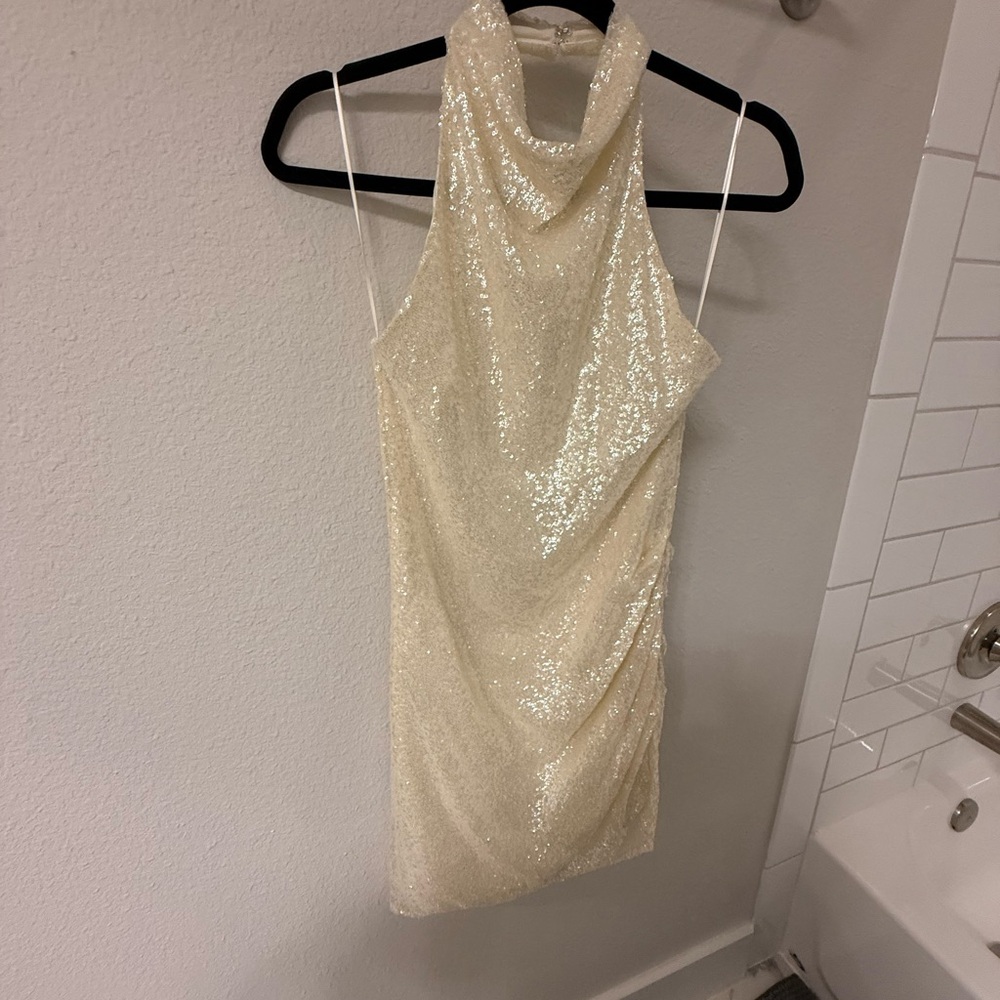 Amanda Uprichard Cream Sequin Halter Dress